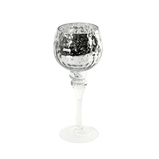 Świecznik szklany VENICE na wysmukłej nóżce ze srebrzystym kielichem o marmurkowej strukturze - ∅ 13 x 30 cm - biały