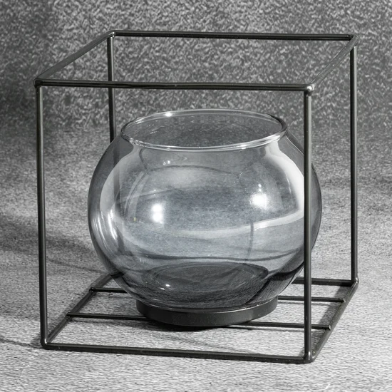 Świecznik dekoracyjny  szklana kula w metalowej ramie - 17 x 17 x 17 cm - czarny