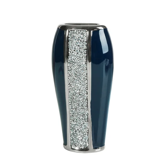 Wazon VERNA w stylu glamour zdobiony drobnymi kryształkami - 10 x 6 x 20 cm - granatowy