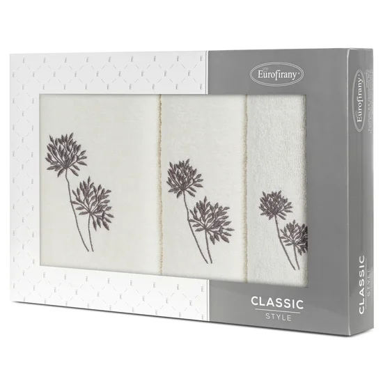 Zestaw upominkowy ACELIA 3 szt ręczników z haftem z motywem kwiatowym w kartonowym opakowaniu na prezent - 56 x 36 x 7 cm - kremowy