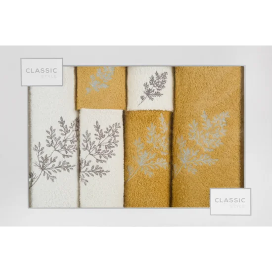 Komplet ręczników z haftowanymi gałązkami w kartonowym opakowaniu - 53 x 37 x 11 cm - kremowy