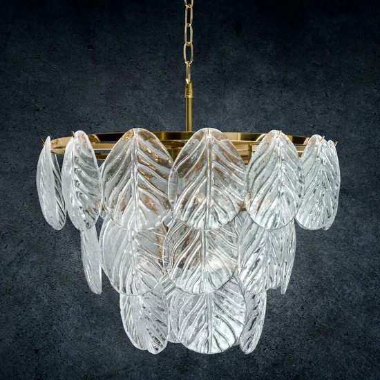 Lampa  DAGI ze szklanymi zawieszkami  w formie liści z przezroczystego szkła - ∅ 57 x 56 cm - złoty