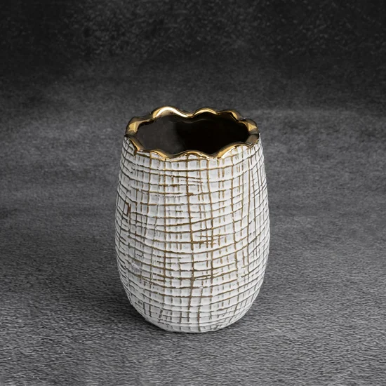 Wazon ceramiczny SELMA z wytłaczanym wzorem biało-złoty - ∅ 10 x 13 cm - biały