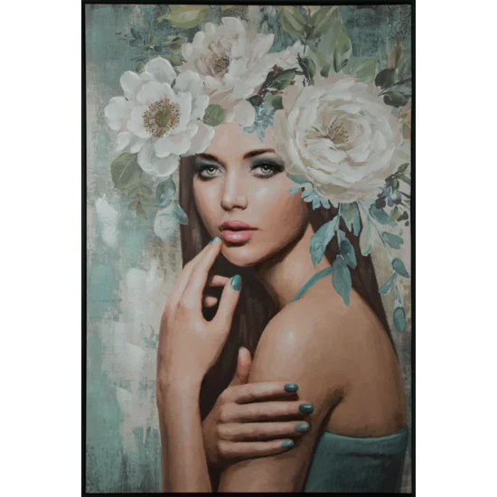 Obraz BLUSH 1 ręcznie malowany na płótnie portret kobiety z kwiatami na głowie w czarnej ramie - 80 x 120 cm - turkusowy