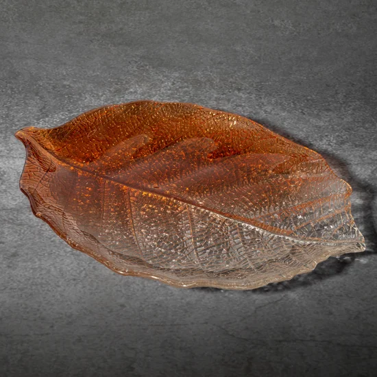 Patera SAVA ze szkła artystycznego w kształcie liścia z efektem cieniowania - 35 x 24 x 3 cm - pomarańczowy
