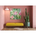 Obraz EGZOTIC  z tropikalnymi kwiatami i liśćmi ręcznie malowany na płótnie - 80 x 80 cm - zielony/różowy 4