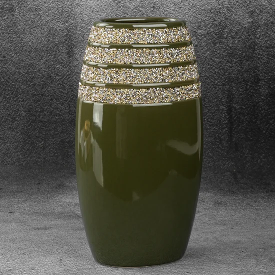 Wazon ceramiczny GLOW dekorowany drobnymi kryształkami - 19 x 12 x 35 cm - oliwkowy