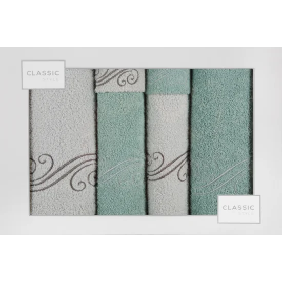 Komplet ręczników z fantazyjnym haftem w kartonowym opakowaniu - 53 x 37 x 11 cm - srebrny