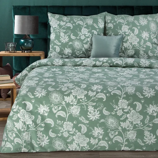 ELLA LINE Komplet pościeli z wysokogatunkowej bawełny z motywem roślinnym w stylu folk - 220 x 200 cm - zielony