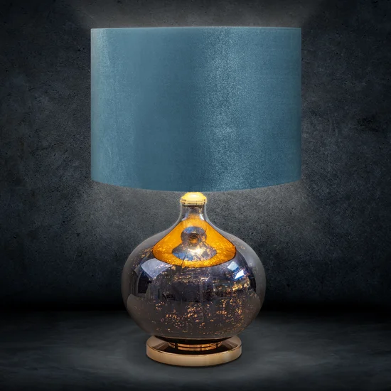Lampa stołowa KATIE na szklanej podstawie z przecieranego szkła czarno-złota z welwetowym ciemno miętowym abażurem - ∅ 40 x 62 cm - ciemnomiętowy