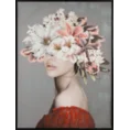 Obraz FLORID ręcznie malowany na płótnie portret kobiety z kwiatami na głowie, w czarnej ramie - 60 x 80 cm - szary 1