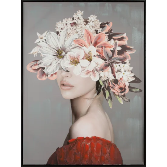 Obraz FLORID ręcznie malowany na płótnie portret kobiety z kwiatami na głowie, w czarnej ramie - 60 x 80 cm - szary