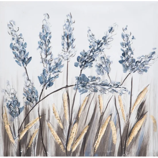 Obraz MEADOW1 ręcznie malowane kwiaty ze złotymi i srebrnymi refleksami - 50 x 50 cm - niebieski