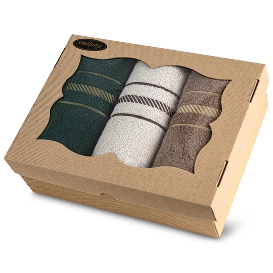 Zestaw prezentowy - 3 szt ręczników z bordiurą w żakardowa paski w kartonowym eko opakowaniu, prezent na każdą okazję - 34 x 24 x 8 cm - butelkowy zielony