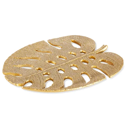 Liść monstery - patera dekoracyjna ELDO o drobnym strukturalnym wzorze, złota Liść monstery - patera dekoracyjna ELDO o drobnym strukturalnym wzorze, złota - 27 x 22 x 2 cm