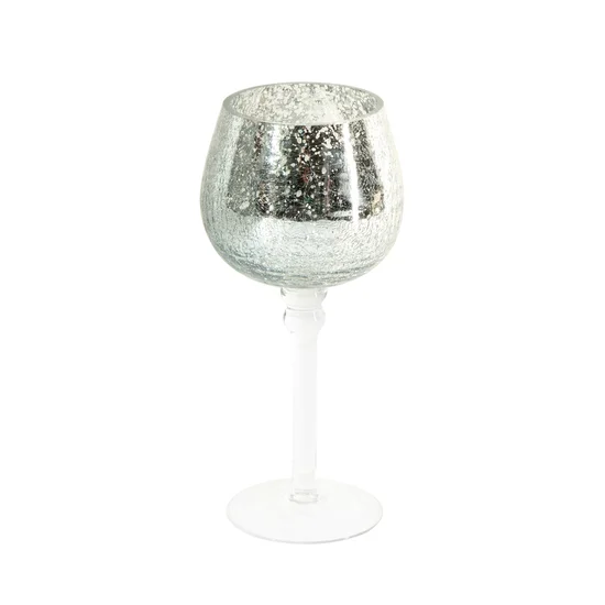 Świecznik szklany VERRE na wysmukłej nóżce ze srebrzystym kielichem - ∅ 9 x 20 cm - biały