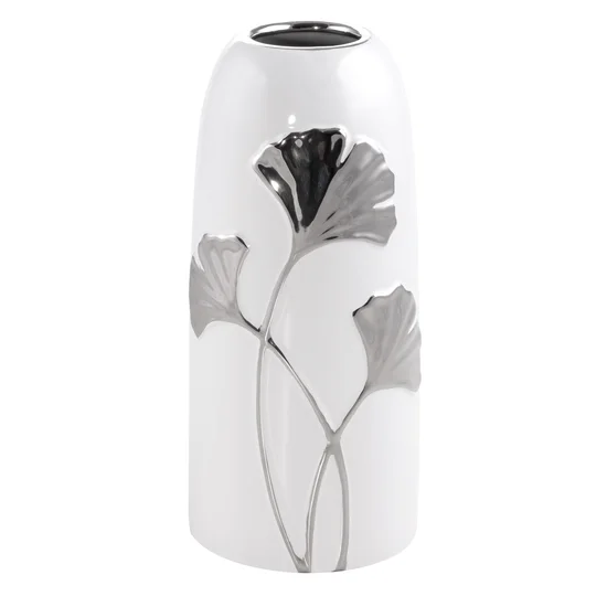 Wazon ceramiczny BILOBA z motywem liści miłorzębu biało-srebrny - ∅ 13 x 30 cm - biały