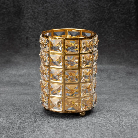 Świecznik TESA z metalu szkła i kryształków w stylu glamour, złoty - ∅ 11 x 15 cm - złoty