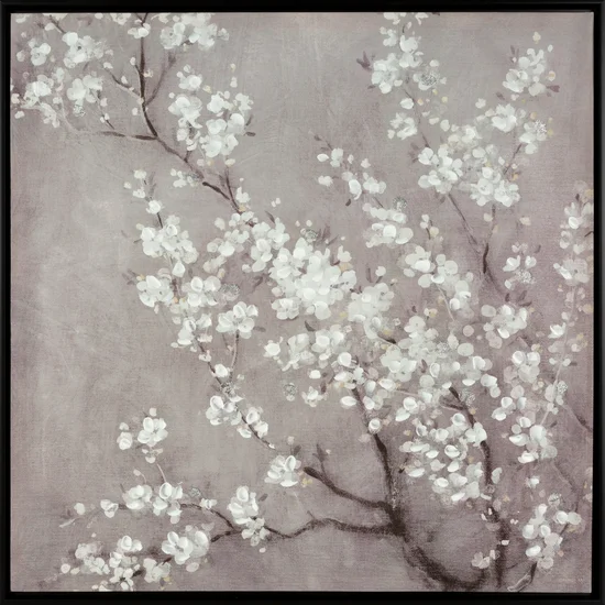 Obraz BRANCH  ręcznie malowany na płótnie kwitnąca gałąź w czarnej ramie - 60 x 60 cm - beżowy