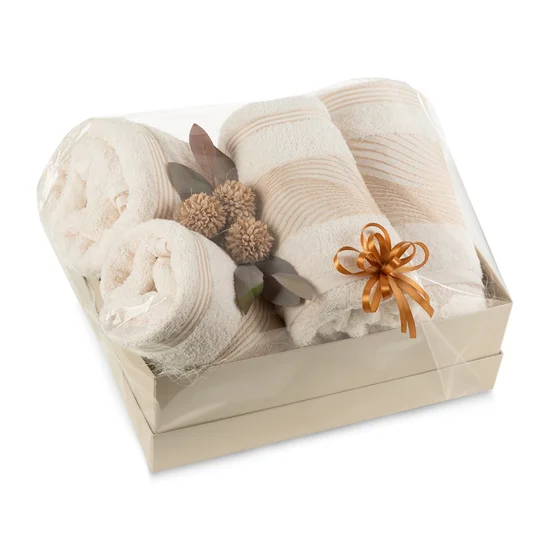 Zestaw prezentowy - 4 szt ręczników z żakardową bordiurą, efektowny prezent na każdą okazję - 50 x 40 x 30 cm - kremowy