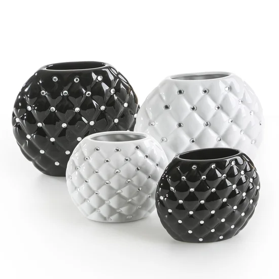 Wazon ceramiczny PRECIOSA  zdobiony pikowaniem i kryształami - 22 x 11 x 27 cm - biały