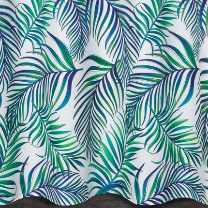 Zasłona biało, granatowa zdobiona nadrukiem palmowych liści z tkaniny typu oxford 140x250 cm przelotka PALMAS Zasłona biało, granatowa zdobiona nadrukiem palmowych liści z tkaniny typu oxford 140x250 cm przelotka PALMAS - 140 x 250 cm