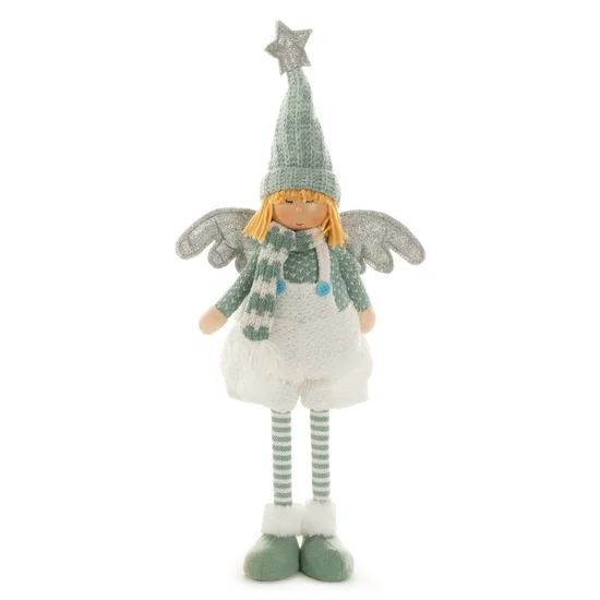 Figurka świąteczna DOLL aniołek w zimowym stroju z miękkich tkanin - 25 x 9 x 53 cm - zielony