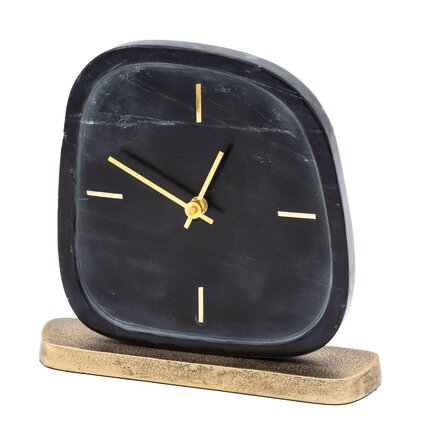 Minimalistyczny zegar stołowy imitujący marmur ze złotymi wskazówkami 24 x 5 x 22 cm czarny | Eurofirany