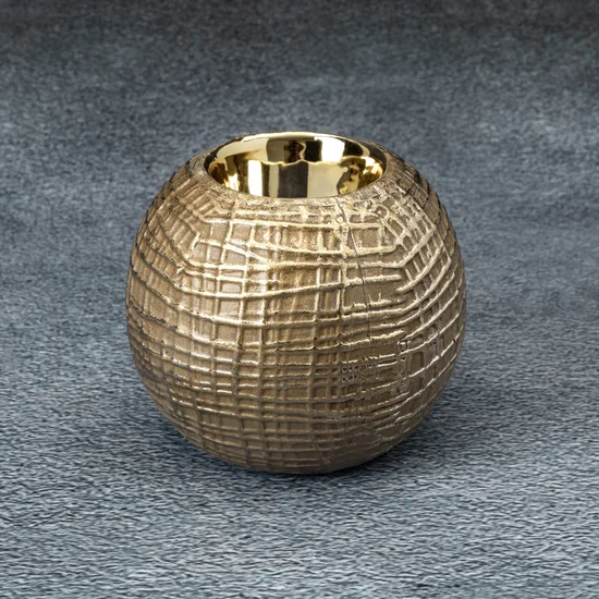 Świecznik ceramiczny SELMA z wytłaczanym wzorem brązowo-złoty - 11 x 11 x 9 cm - brązowy