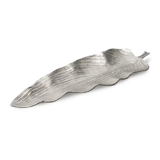 Patera metalowa SARA srebrny liść z wytłoczeniami - 45 x 16 x 3 cm - srebrny