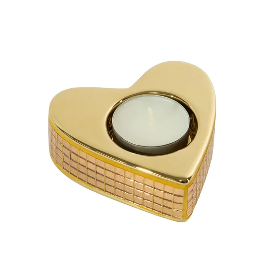 Świecznik ceramiczny w kształcie serca  dekorowany  lusterkami w stylu glamour złoty - 9 x 9 x 3 cm - złoty