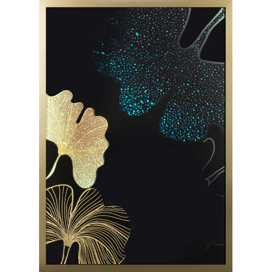 Obraz drukowany BOTANIC ze złotym zdobieniem i brokatowym liściem miłorzębu w złotej ramie - 53 x 73 cm - czarny