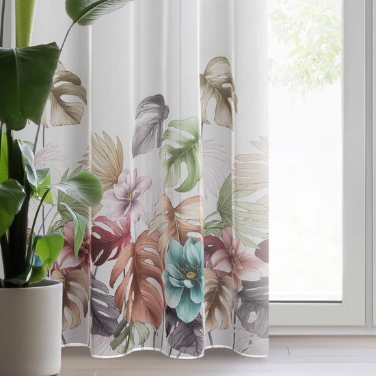 Dekoracja okienna NIKOLA z delikatnego tiulu z nadrukiem egzotycznych kwiatów i liści - 140 x 250 cm - biały