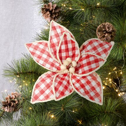 Świąteczny kwiat dekoracyjny w stylu eko z tkaniny w krateczkę 25 x 15 cm czerwony,biały