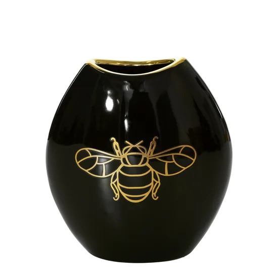 Wazon ceramiczny o kulistym kształcie z nadrukiem złotej pszczoły - 14 x 7 x 16 cm - czarny