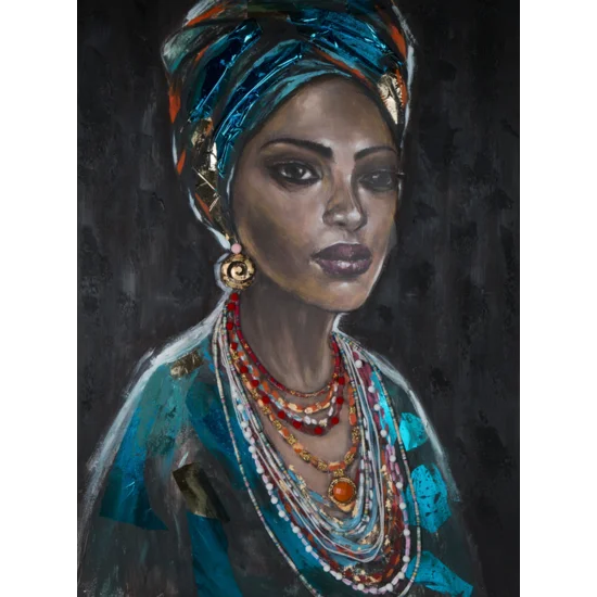 Obraz  GODDESS 3 portret kobiety w turbanie ręcznie malowany na płótnie - 90 x 120 cm - czarny