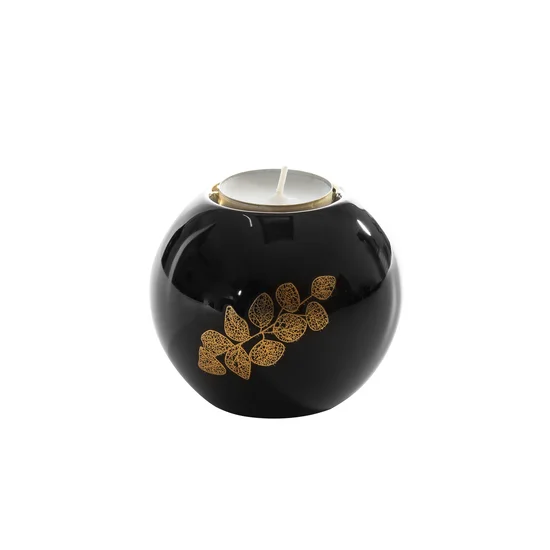 Świecznik ceramiczny o kulistym kształcie z nadrukiem ażurowej złotej gałązki - ∅ 9 x 8 cm - czarny