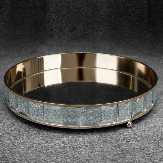 Okrągła taca dekoracyjna TALEA z lustrzanym blatem i metalowym obrzeżem z kryształami w stylu glamour - ∅ 30 x 5 cm - złoty