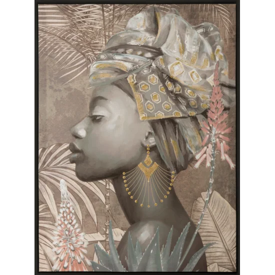 Obraz ETNO 2 ręcznie malowany na płótnie egzotyczny portret kobiety, w czarnej ramie - 60 x 80 cm - brązowy