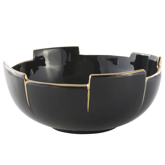 Misa ceramiczna ze złotymi geometrycznymi brzegami czarna - ∅ 25 x 11 cm - czarny