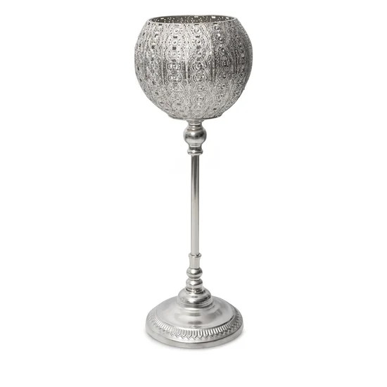 Świecznik bankietowy metalowy AMELI  na wysmukłej metalowej  nóżce i ażurowym kielichu - ∅ 21 x 60 cm - srebrny