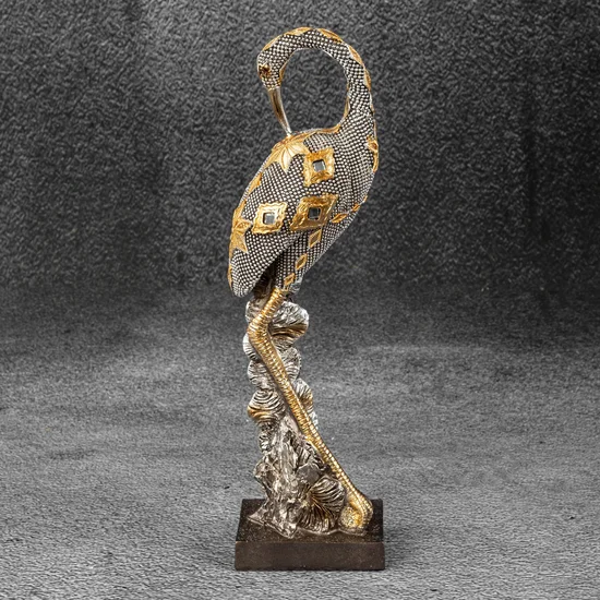 Czapla figurka ceramiczna srebrno-złota - 9 x 6 x 30 cm - srebrny