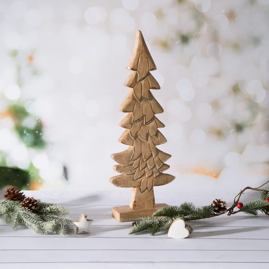 Figurka świąteczna drewniana choinka z wytłoczeniami - 15 x 5 x 41 cm - jasnobrązowy