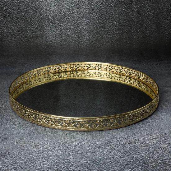 Okrągła taca dekoracyjna RIKI z lustrzanym blatem i ażurowym obrzeżem z metalu, złota - ∅ 40 x 3 cm - złoty