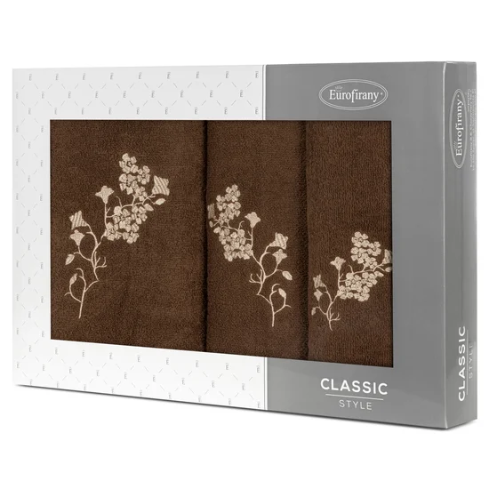 Zestaw upominkowy BLOSSOM 3 szt ręczników z haftem z motywem kwiatowym w kartonowym opakowaniu na prezent - 56 x 36 x 7 cm - brązowy