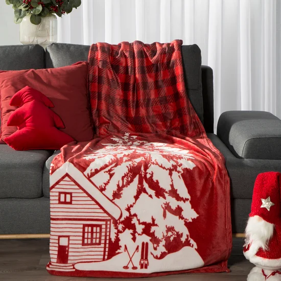 Koc świąteczny RUDOLF z motywem domku - 150 x 200 cm - czerwony