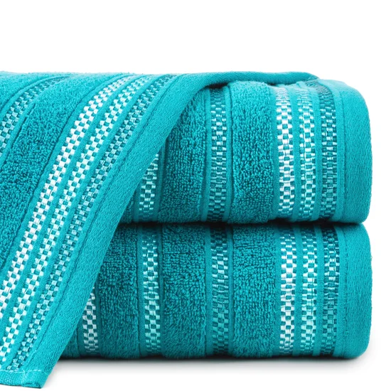 Ręcznik LIVIA  z kolorowymi paskami tkanymi we wzór jodełki - 50 x 90 cm - turkusowy