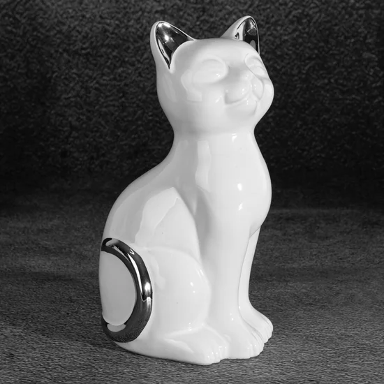 Kot figurka dekoracyjna ceramiczna biało-srebrna - 11 x 9 x 20 cm - biały