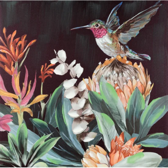 Obraz PARADISE ręcznie malowany na płótnie koliber pośród egzotycznych kwiatów i liści - 60 x 60 cm - czarny