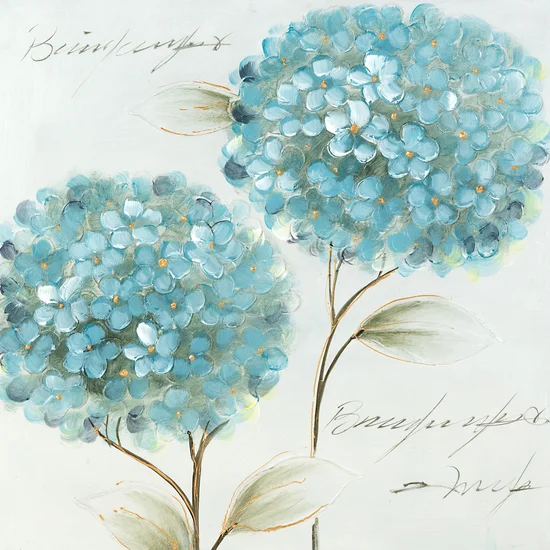Obraz HORTENSJE ręcznie malowany na płótnie z niebieskimi kwiatami - 60 x 60 cm - turkusowy